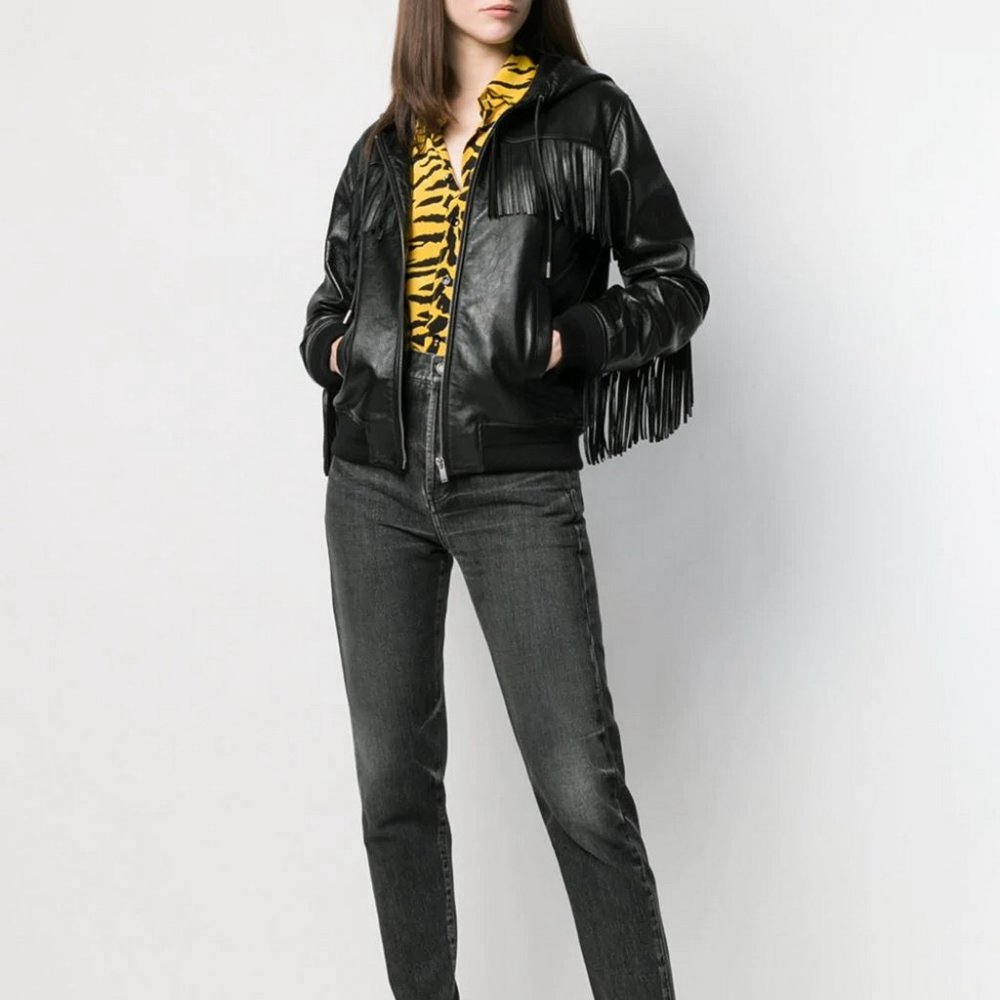 NWT Saint Laurent YSL Fringe Leather Jacket, Black, F 38/US 6, Hooded